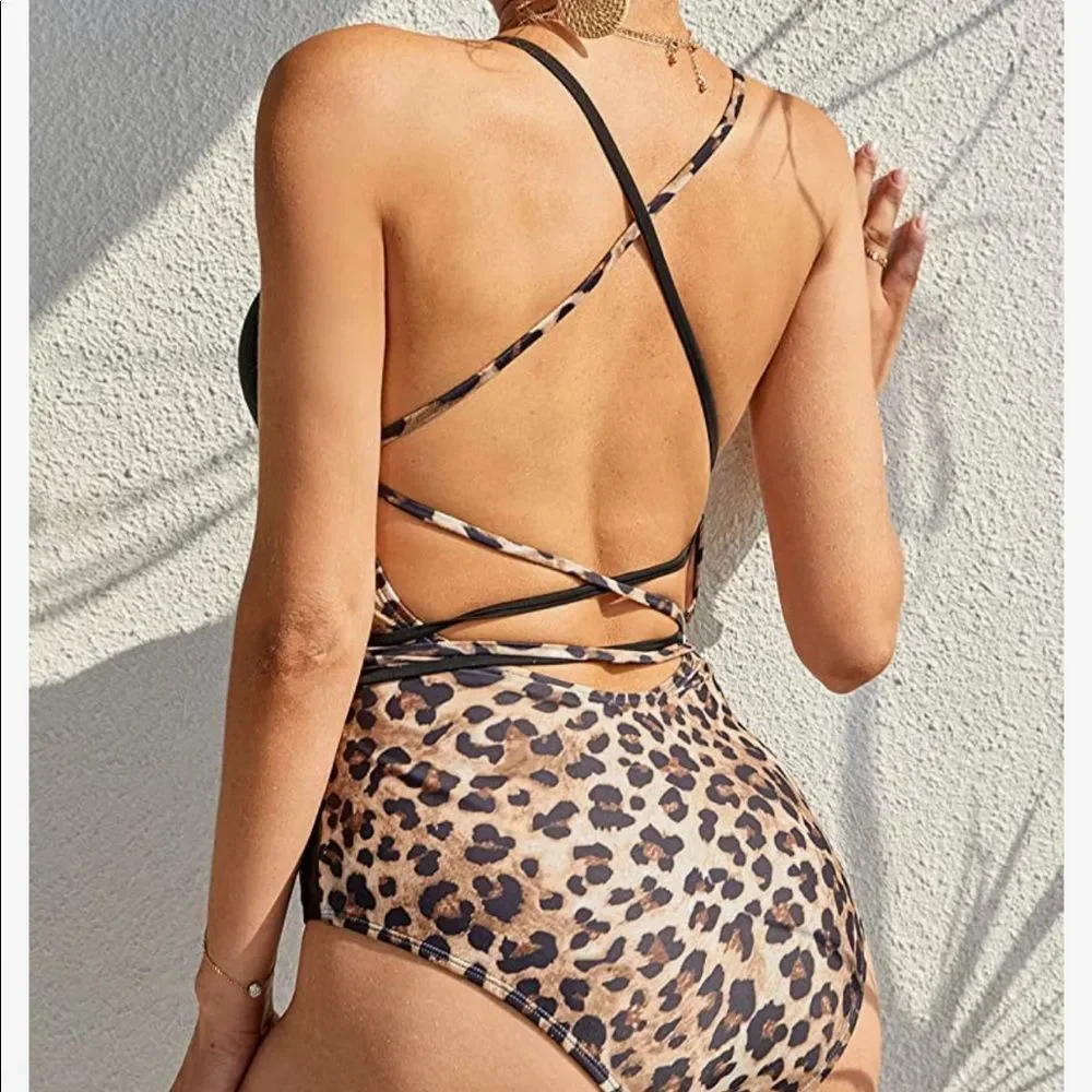 🆕 Snake Skin Plunge Criss Cross Tie Knot One Piece Bikini Swimsuit - Picture 2 of 4